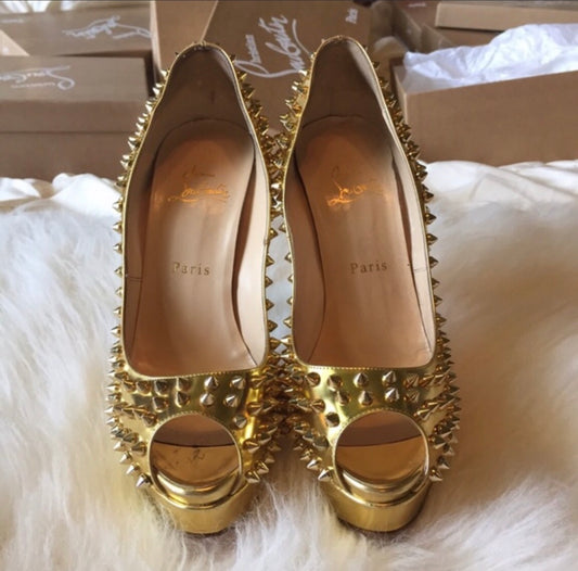 Christian Louboutin Gold Studded Peeptoe 39.5