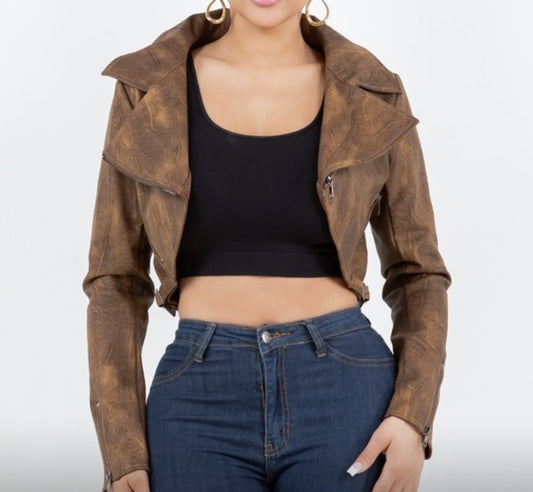 Brown Leather Crop Jacket