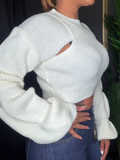 Cream Puffy Knitted Long Sleeve Shirt