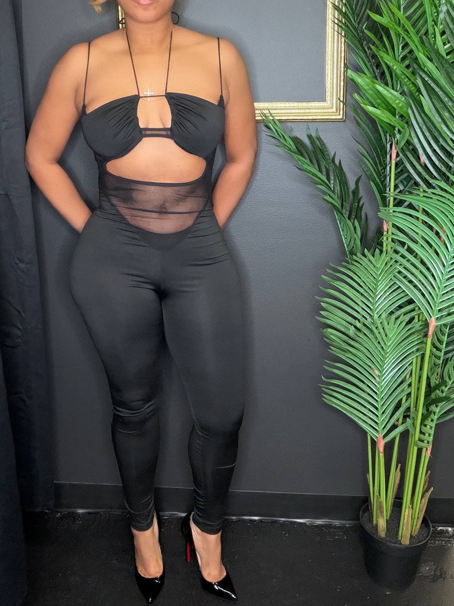 Black Mesh Stomach Jumpsuit