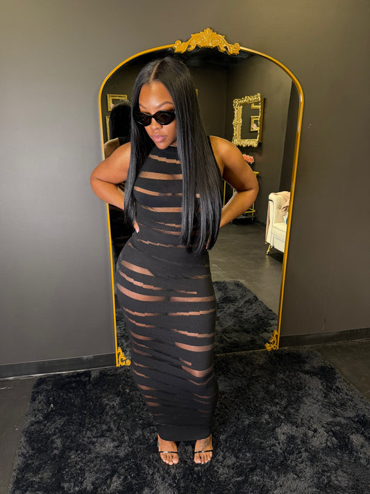Black Striped Mesh Maxi Dress