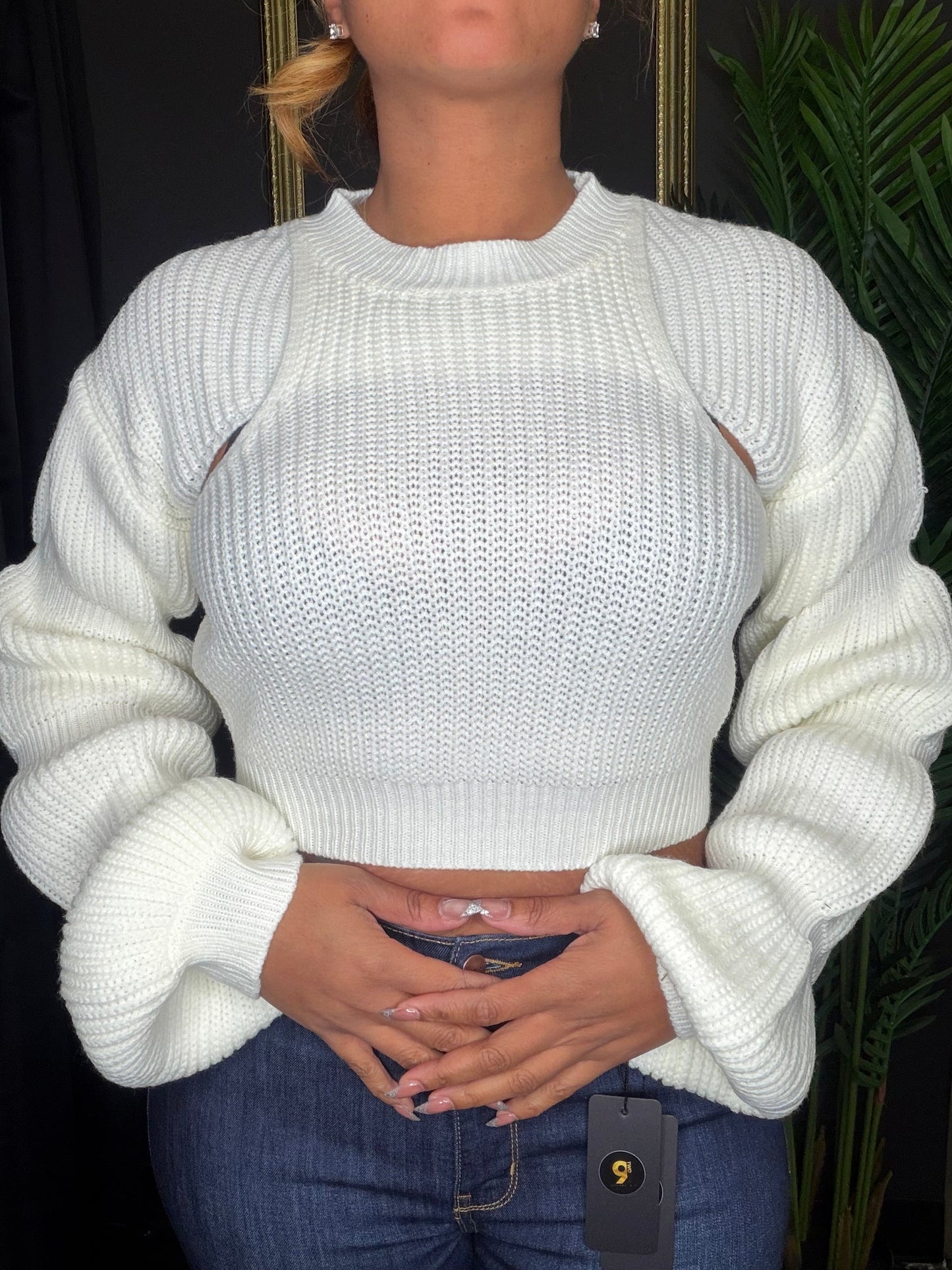 Cream Puffy Knitted Long Sleeve Shirt