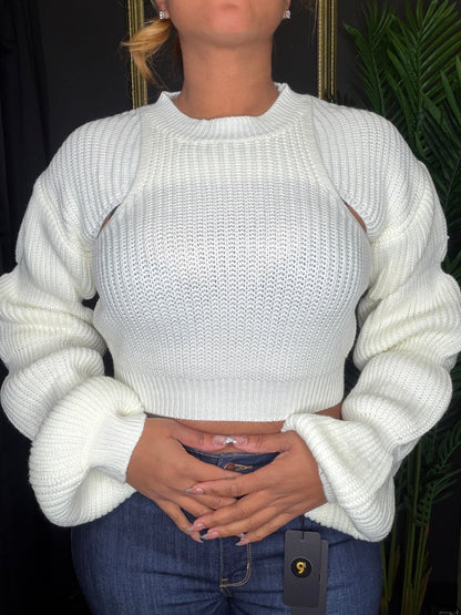 Cream Puffy Knitted Long Sleeve Shirt