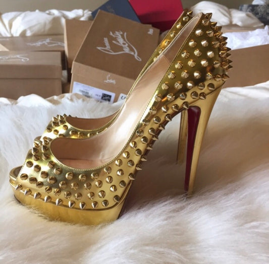Christian Louboutin Gold Studded Peeptoe 39.5